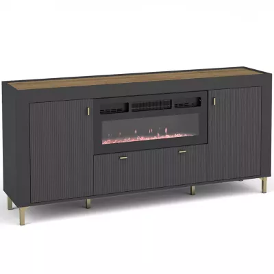 Široká komoda s elektrickým krbem AUROVA - černá / dub whiskey