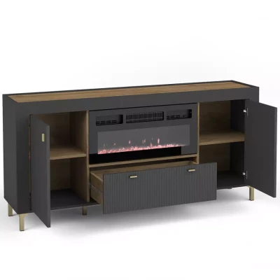 Široká komoda s elektrickým krbem AUROVA - černá / dub whiskey