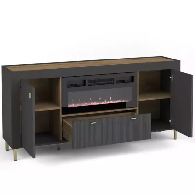 Široká komoda s elektrickým krbem AUROVA - černá / dub whiskey
