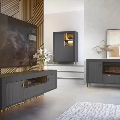 Široká komoda s elektrickým krbem AUROVA - černá / dub whiskey