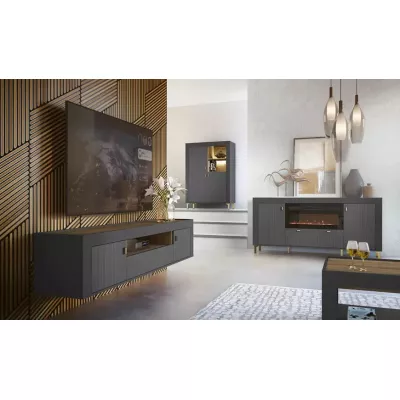 Široká komoda s elektrickým krbem AUROVA - černá / dub whiskey