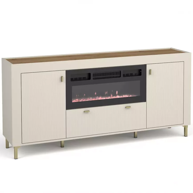 Široká komoda s elektrickým krbem AUROVA - kašmír / dub whiskey