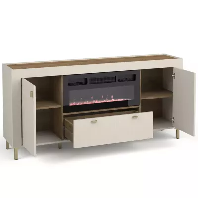 Široká komoda s elektrickým krbem AUROVA - kašmír / dub whiskey