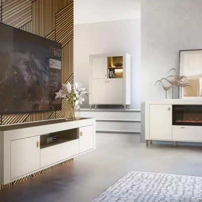 Široká komoda s elektrickým krbem AUROVA - kašmír / dub whiskey