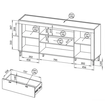 Široká komoda s elektrickým krbem AUROVA - kašmír / dub whiskey