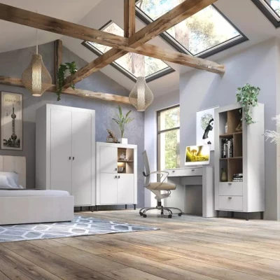 Úzký regál se šuplíky AUROVA - bílý / dub whiskey