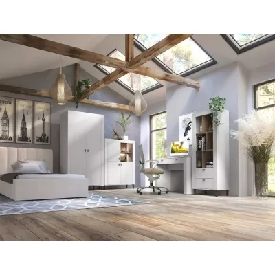 Úzký regál se šuplíky AUROVA - bílý / dub whiskey