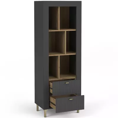 Úzký regál se šuplíky AUROVA - černý / dub whiskey