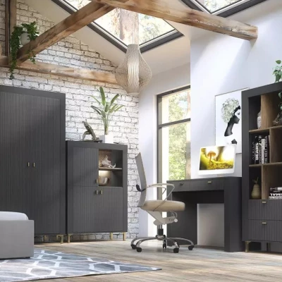 Úzký regál se šuplíky AUROVA - černý / dub whiskey