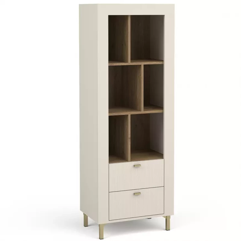 Úzký regál se šuplíky AUROVA - kašmír / dub whiskey