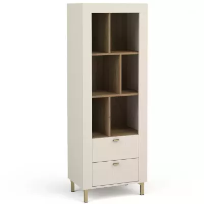 Úzký regál se šuplíky AUROVA - kašmír / dub whiskey