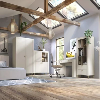 Úzký regál se šuplíky AUROVA - kašmír / dub whiskey