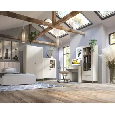 Úzký regál se šuplíky AUROVA - kašmír / dub whiskey