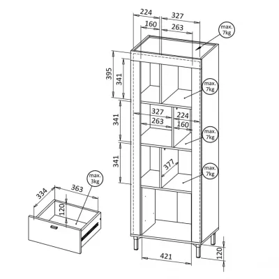Úzký regál se šuplíky AUROVA - kašmír / dub whiskey