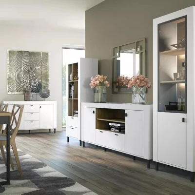 Úzká prosklená vitrína AUROVA - bílá / dub whiskey