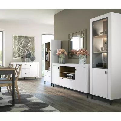 Úzká prosklená vitrína AUROVA - bílá / dub whiskey