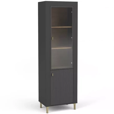 Úzká prosklená vitrína AUROVA - černá / dub whiskey