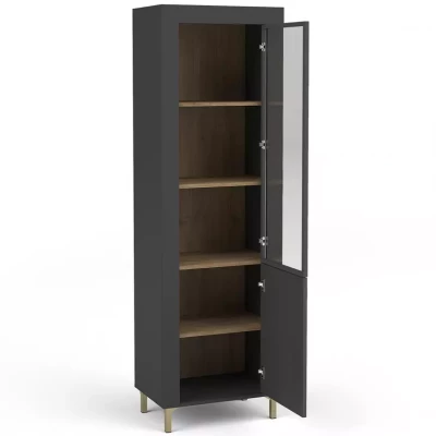 Úzká prosklená vitrína AUROVA - černá / dub whiskey