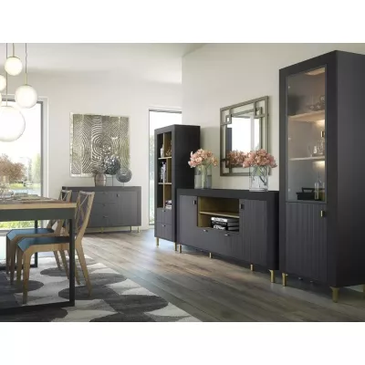 Úzká prosklená vitrína AUROVA - černá / dub whiskey