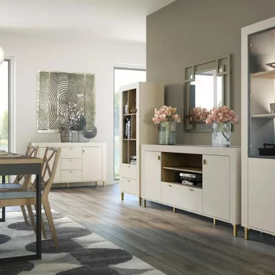 Úzká prosklená vitrína AUROVA - kašmír / dub whiskey