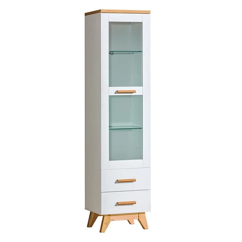 Úzká prosklená vitrína BUTNER - borovice andersen / dub nash