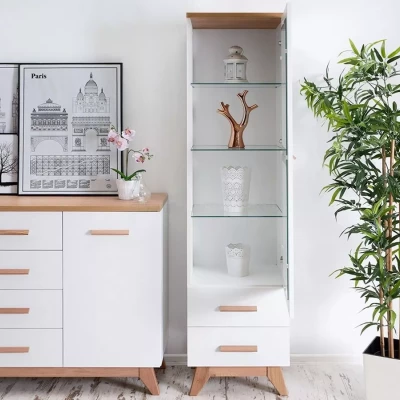 Úzká prosklená vitrína BUTNER - borovice andersen / dub nash