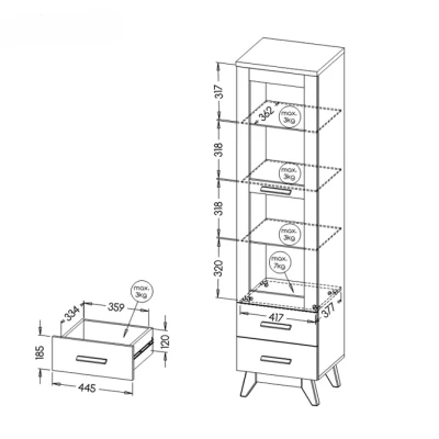 Úzká prosklená vitrína BUTNER - borovice andersen / dub nash