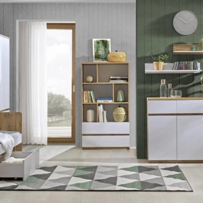 Vysoký regál se šuplíky CARYM - dub wotan / bílý