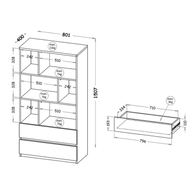 Vysoký regál se šuplíky CARYM - bílý