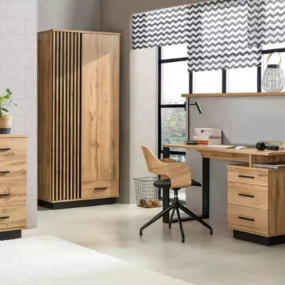 Šatní skříň 90 cm CATAWBA - dub wotan / černá