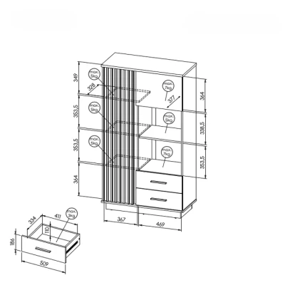 Vitrína se šuplíky CATAWBA - dub wotan / černá