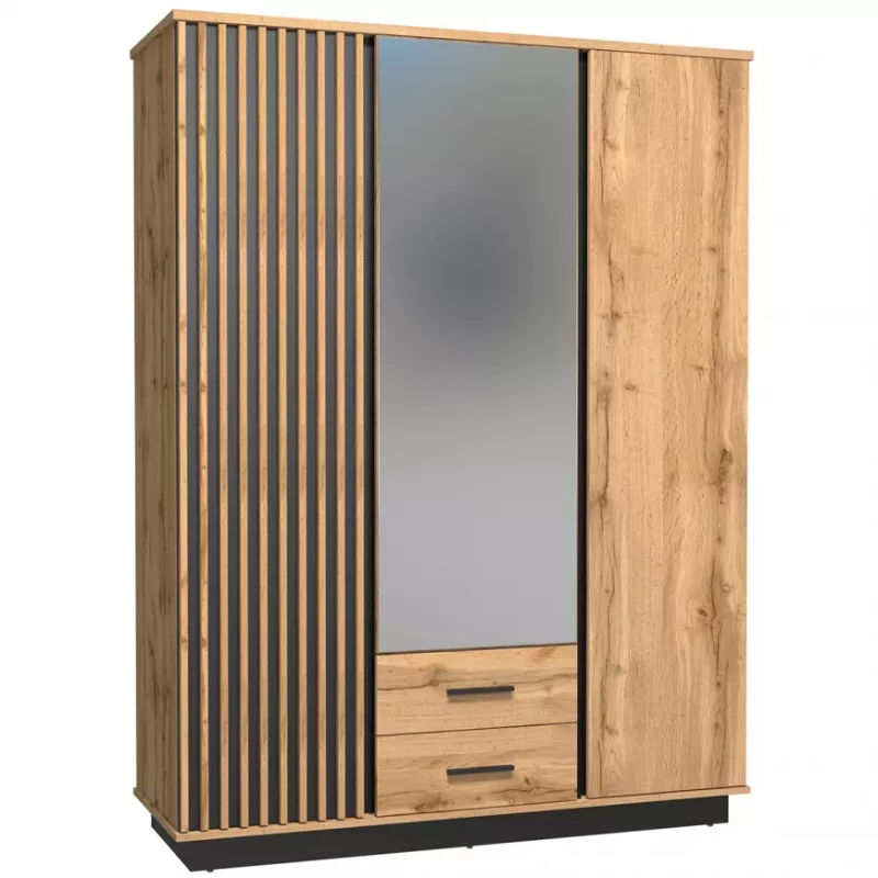 Šatní skříň 146 cm CATAWBA se zrcadlem - dub wotan / černá