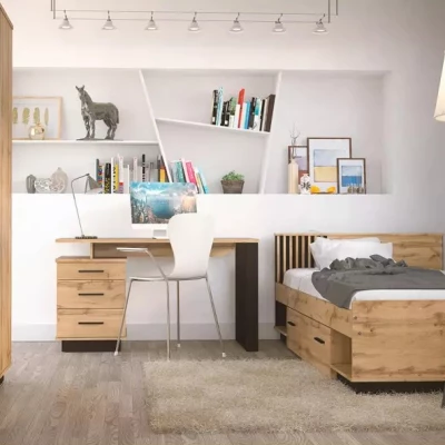 Šatní skříň 146 cm CATAWBA se zrcadlem - dub wotan / černá