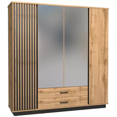 Šatní skříň 197 cm CATAWBA se zrcadlem - dub wotan / černá