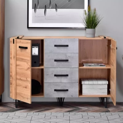 Kombinovaná komoda CONOVER - dub wotan / beton / černá