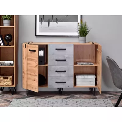 Kombinovaná komoda CONOVER - dub wotan / beton / černá