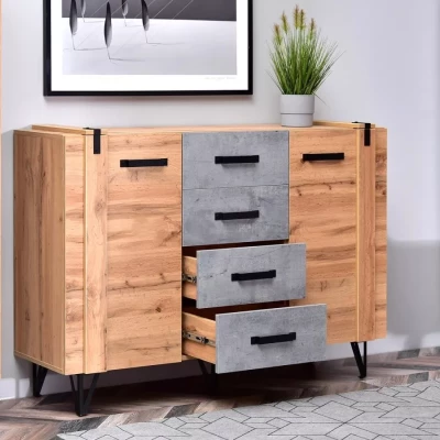 Kombinovaná komoda CONOVER - dub wotan / beton / černá