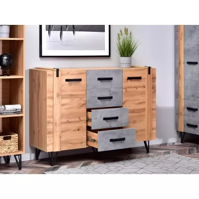 Kombinovaná komoda CONOVER - dub wotan / beton / černá