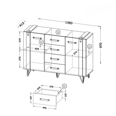 Kombinovaná komoda CONOVER - dub wotan / beton / černá