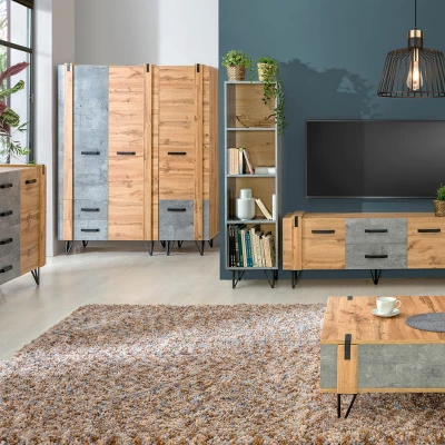 Kombinovaná komoda CONOVER - dub wotan / beton / černá