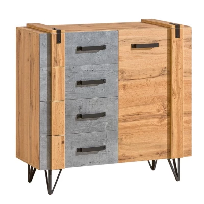 Kombinovaná úzká komoda CONOVER - dub wotan / beton / černá