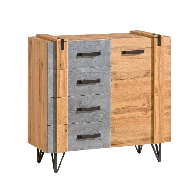 Kombinovaná úzká komoda CONOVER - dub wotan / beton / černá