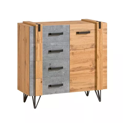 Kombinovaná úzká komoda CONOVER - dub wotan / beton / černá