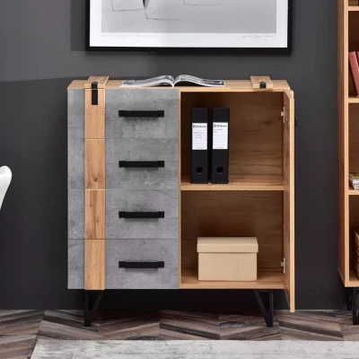 Kombinovaná úzká komoda CONOVER - dub wotan / beton / černá