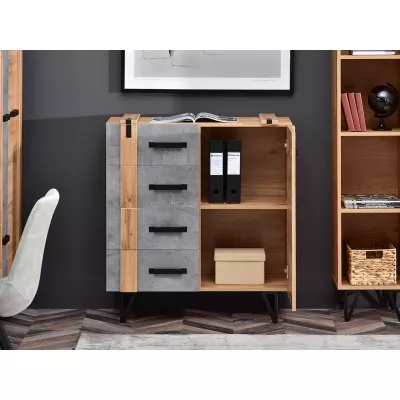 Kombinovaná úzká komoda CONOVER - dub wotan / beton / černá