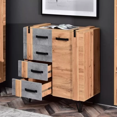 Kombinovaná úzká komoda CONOVER - dub wotan / beton / černá