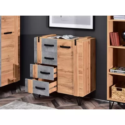 Kombinovaná úzká komoda CONOVER - dub wotan / beton / černá