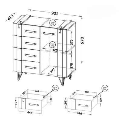 Kombinovaná úzká komoda CONOVER - dub wotan / beton / černá
