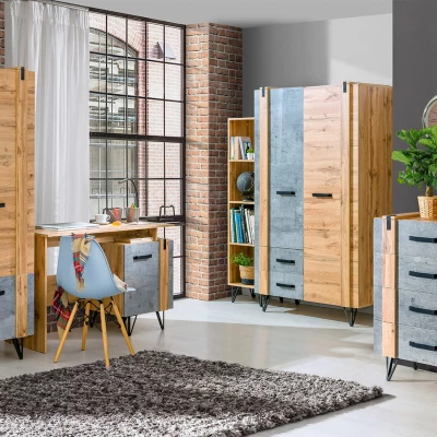 Kombinovaná úzká komoda CONOVER - dub wotan / beton / černá