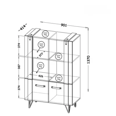 Nízký regál s dvířky CONOVER - dub wotan / beton / černý
